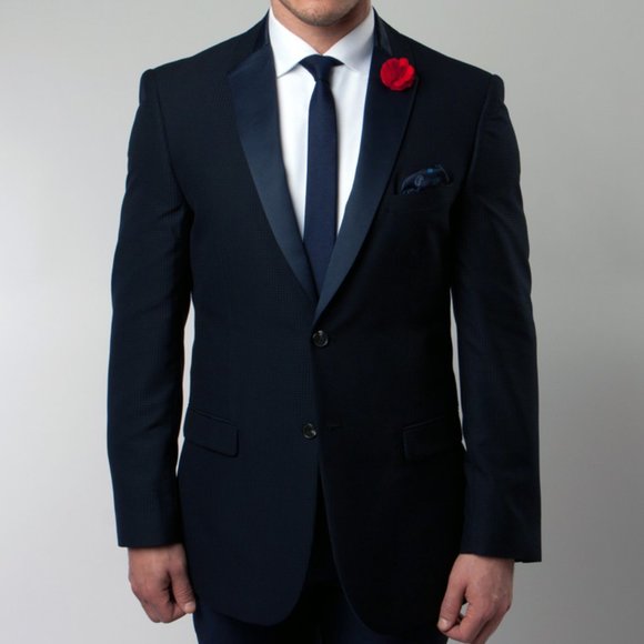 Birdseye Mens Suit Jacket w/ Satin Notch Lapel, Dark Navy